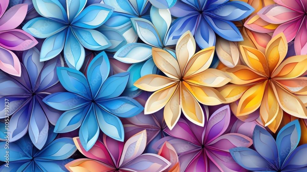 Fototapeta premium A colorful abstract pattern of overlapping paper flowers with a layered effect and vibrant shades of blue, yellow, purple, and pink.