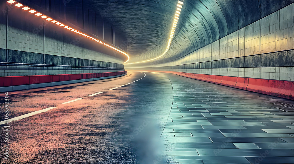 A wet road curving through a concrete tunnel with yellow lights illuminating the path ahead, creating a sense of mystery and anticipation. A wet road curving through a concrete tunnel with yellow lights illuminating the path ahead, creating a sense of mystery and anticipation.