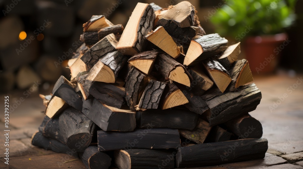 A neatly stacked pile of firewood ready for the fireplace, showcasing the beauty of nature's raw materials. A neatly stacked pile of firewood ready for the fireplace, showcasing the beauty of nature's raw materials.