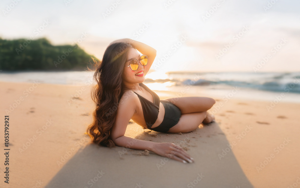 A woman wearing a black bikini and sunglasses reclines on a sandy beach, the setting sun casting a warm glow.