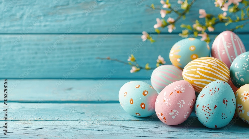 Obraz premium Vintage Easter Eggs On A Blue Wooden Background