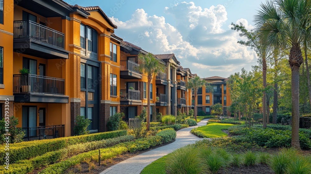 Close-up view of a family-friendly apartment complex with colorful balconies, wide entrances, and a small park area surrounding the building, photorealistic Close-up view of a family-friendly apartment complex with colorful balconies, wide entrances, and a small park area surrounding the building, photorealistic