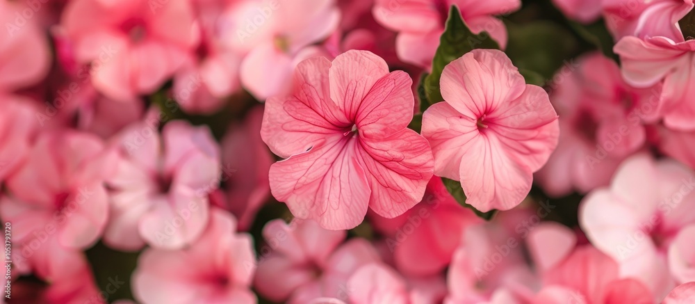 Fototapeta premium Closeup Of Pink Inpatien Flowers Growing In Spring