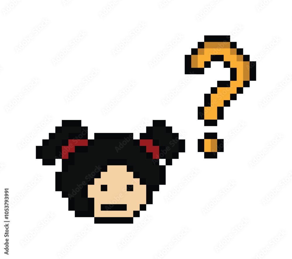 Obraz premium Cute pixel cartoon character woman with question mark decoration 8 bit female girl lady confused idea question think choose cartoon pixel game png vector.