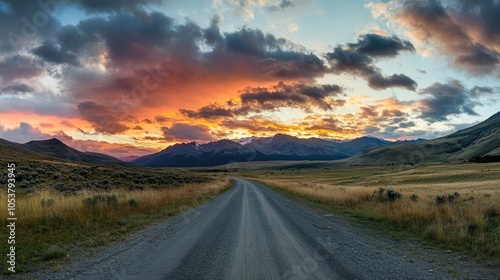 Road leading into mountainous terrain with sunset clouds drifting low in the sky