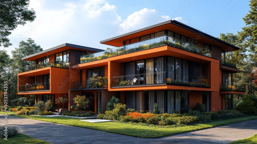 Wide view of a modern duplex apartment building with a unique structure, glass railings, and rooftop gardens for each floor, photorealistic Wide view of a modern duplex apartment building with a unique structure, glass railings, and rooftop gardens for each floor, photorealistic