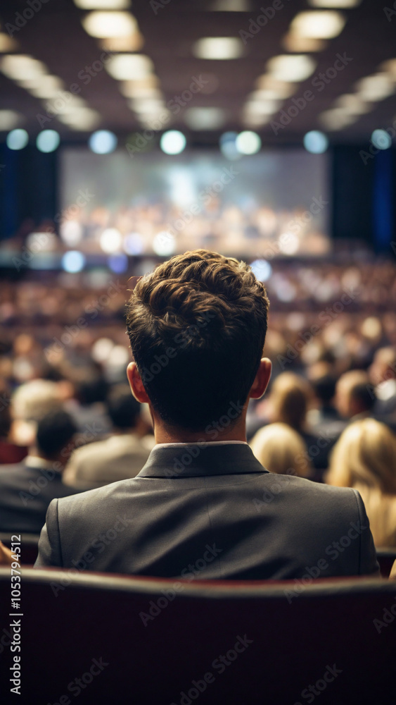 Blurry Rear View of Audience in Conference Hall Watching Speaker at Business Event. Blurry Rear View of Audience in Conference Hall Watching Speaker at Business Event.