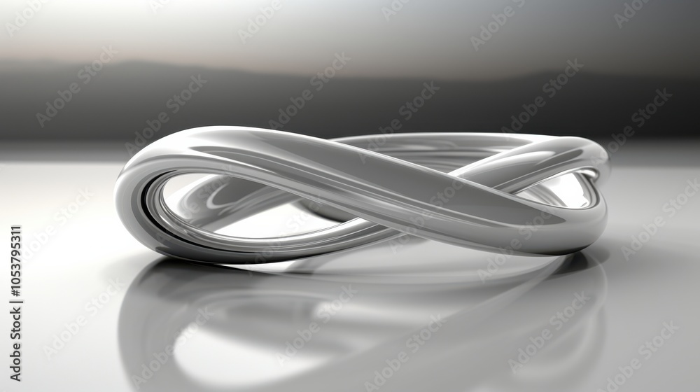 Fototapeta premium A smooth, metallic infinity symbol reflects on a white surface, creating a mesmerizing optical illusion.