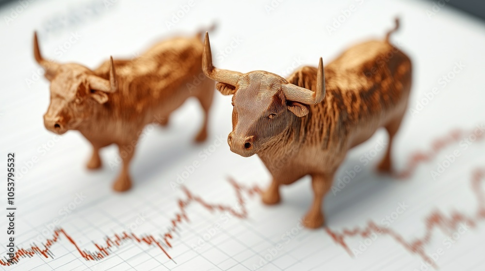 Obraz premium Two gold bull statues are on a graph with a downward trend