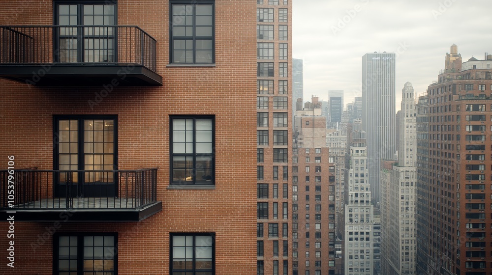 Obraz premium Eagle-eye view of an elegant New York apartment building with red brick facade, classic black iron balconies, and high-rise skyline backdrop, photorealistic