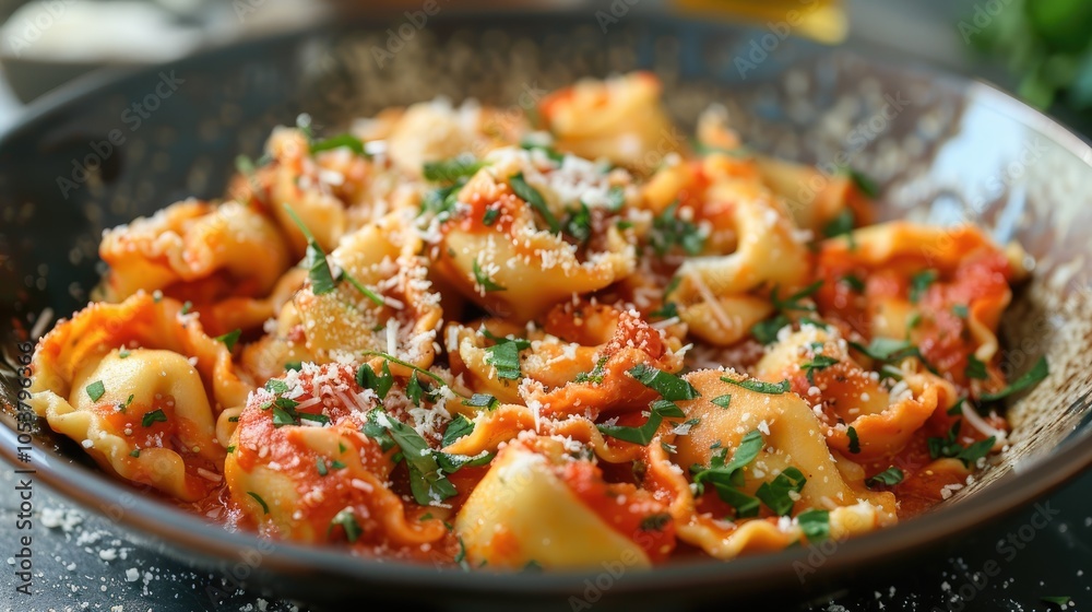 Fresh Tortellini With Homemade Tomato Sauce Chopped Herbs And Parmesan Cheese Fresh Tortellini With Homemade Tomato Sauce Chopped Herbs And Parmesan Cheese