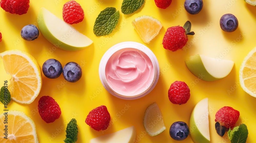 Fruit infused face cream on a vibrant backdrop showcasing sustainable beauty products Fruit infused face cream on a vibrant backdrop showcasing sustainable beauty products