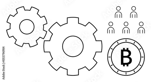 Gears symbolizing teamwork and collaboration, Bitcoin coin representing cryptocurrency, group of people indicating a communal effort. Ideal for finance, technology, teamwork, business strategy
