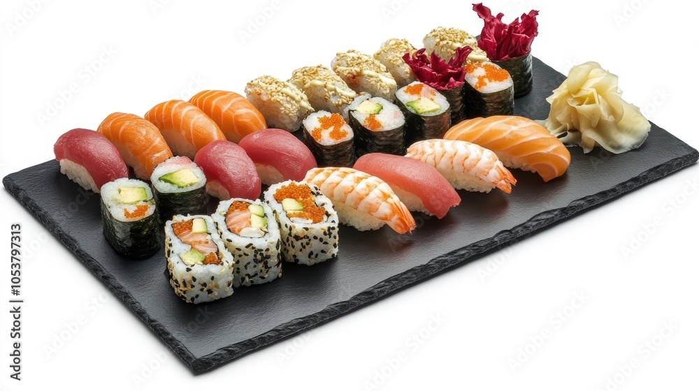 Artfully arranged sushi assortment on a dark slate platter Artfully arranged sushi assortment on a dark slate platter