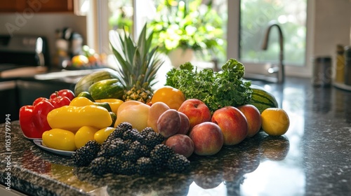 A countertop featuring an assortment of fresh produce and colorful fruits photo