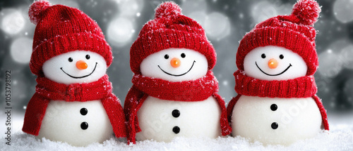 Three snowmen with red hats and scarves are smiling. They are standing in the snow. The snowmen are arranged in a row, with the middle one slightly taller than the other two photo