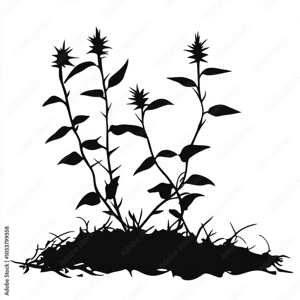 Obraz premium black silhouette of plant in soil with spikes on leaves