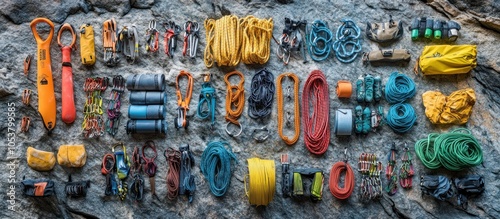 A colorful collection of climbing gear, including ropes, carabiners, belay devices, and shoes, laid out on a rocky surface.