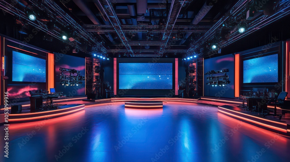 Obraz premium A modern studio set with screens and lighting, designed for broadcasting or presentations.