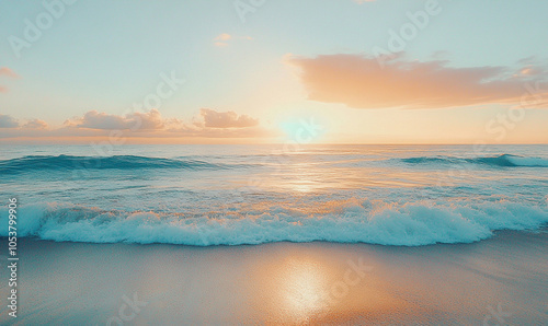 photograph of a serene beach at sunset. Capture the gentle waves, soft golden light, and a peaceful, empty shoreline.