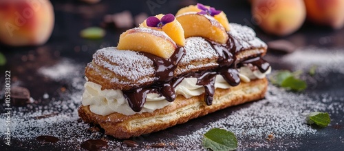 Cake Brioche Shu Cream Chantilly Eclair Sweet Breakfast Dessert Chocolate Profiteroles With Peach Violet photo