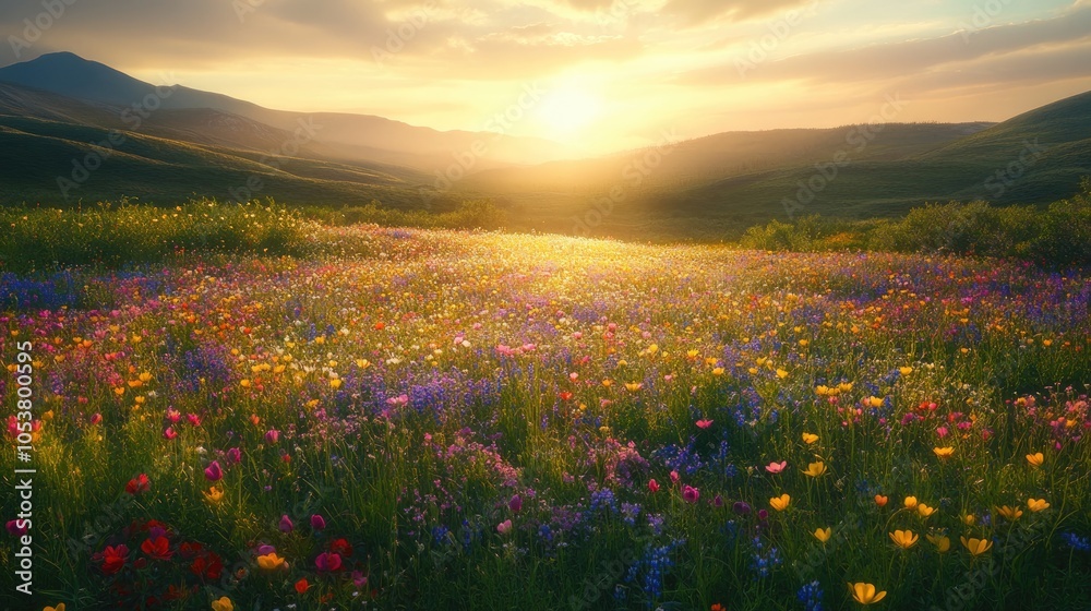 Obraz premium Brilliant Dawn Casting Light on a Colorful Meadow of Wildflowers Capturing the Spirit of Fresh Starts