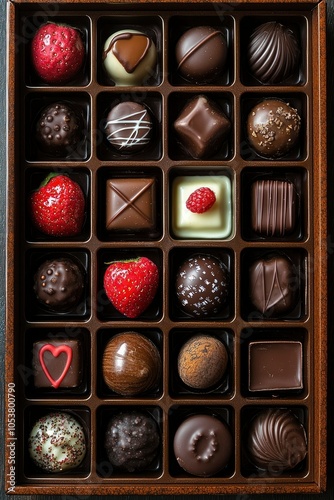 An Assortment of Chocolate and Strawberry Treats in a Wooden Box