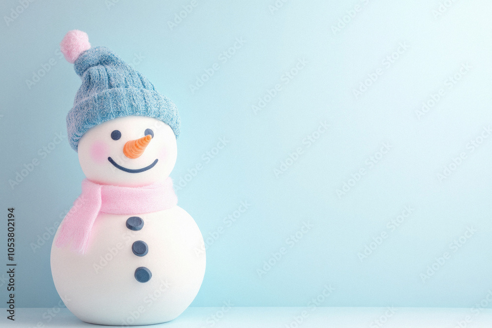 A snowman with a blue hat and a pink scarf is standing on a blue background. The snowman is smiling, giving the impression of a happy and cheerful winter scene A snowman with a blue hat and a pink scarf is standing on a blue background. The snowman is smiling, giving the impression of a happy and cheerful winter scene