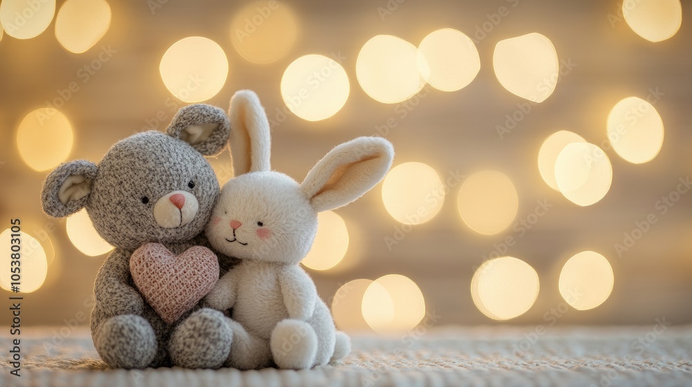 Fototapeta premium Teddy Bear And Rabbit Dolls Acting As Lover Hugging Each Other To Watch Heart Shape Bokeh Light Background That Have Space For Text