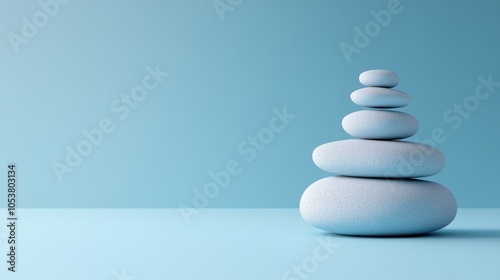 Balanced Zen Stone Stack on a Tranquil Blue Gradient Background Symbolizing Harmony and Serenity photo