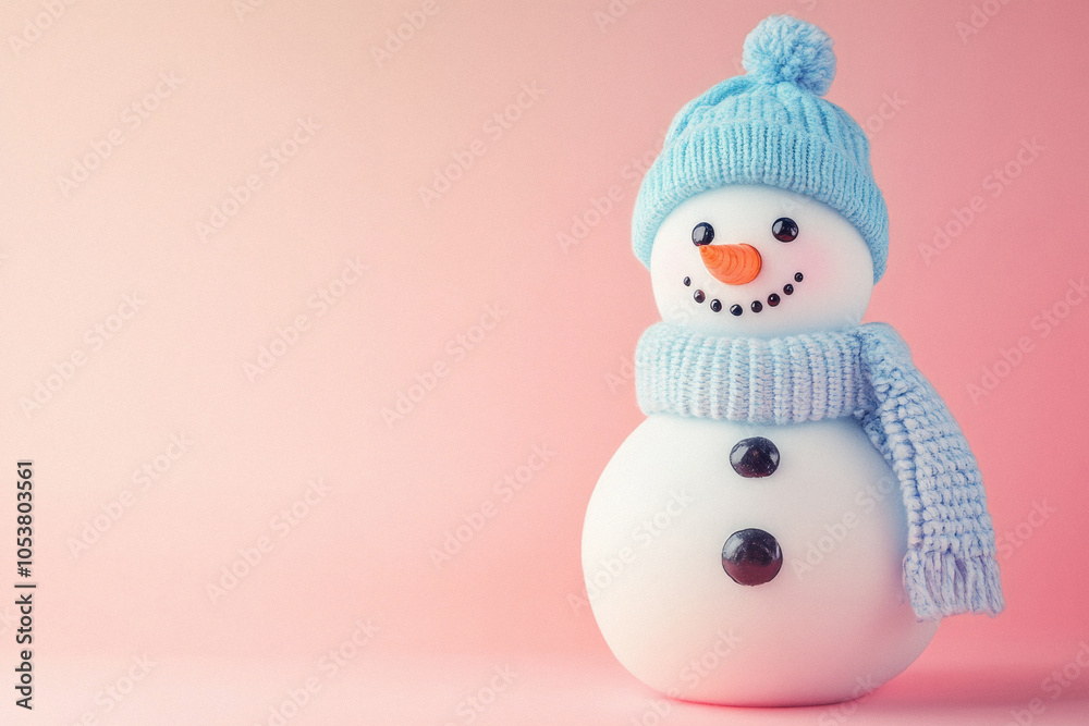 A snowman with a blue hat and a blue scarf is standing on a pink background. The snowman has a happy expression on its face A snowman with a blue hat and a blue scarf is standing on a pink background. The snowman has a happy expression on its face