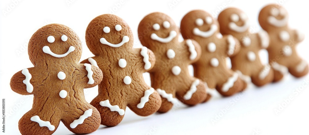 A Row Of Happy Gingerbread Men On An Isolated White Background A Row Of Happy Gingerbread Men On An Isolated White Background