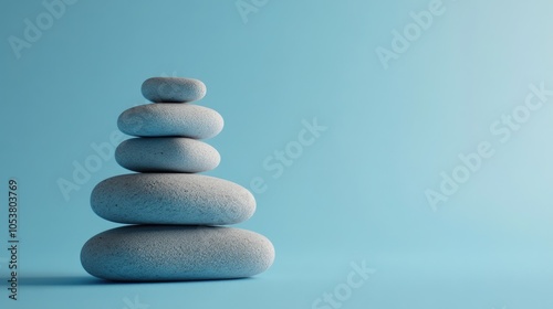 Balanced Zen Stone Stack on a Tranquil Blue Gradient Background Symbolizing Harmony and Serenity photo