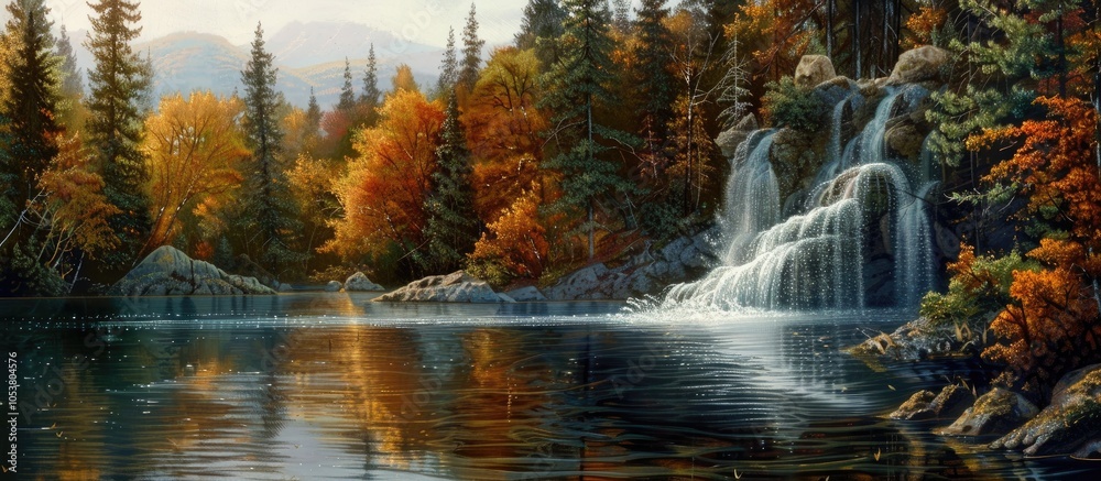 Waterfall On The Lake Behind The Trees Waterfall On The Lake Behind The Trees