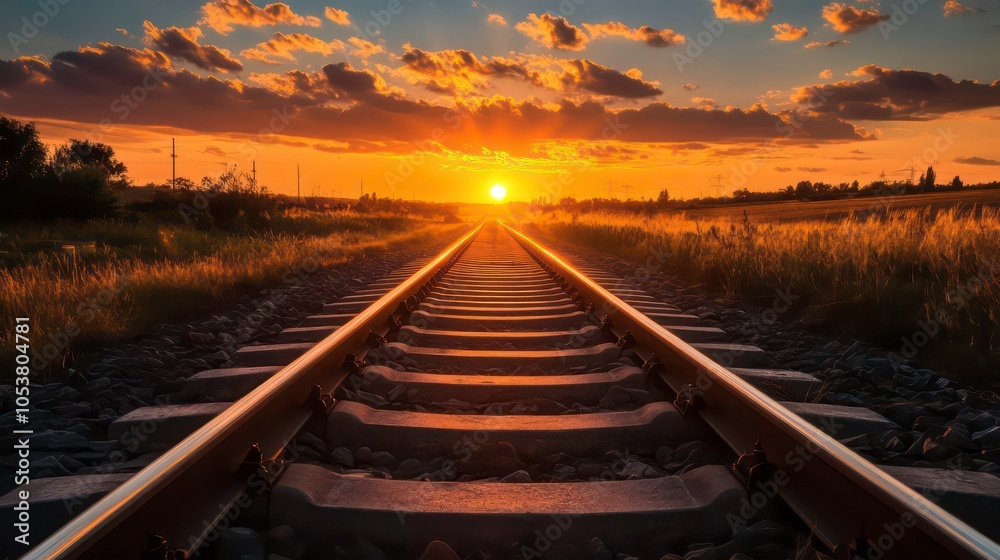 A railroad track leads towards a bright orange sunset with clouds in the sky. A railroad track leads towards a bright orange sunset with clouds in the sky.