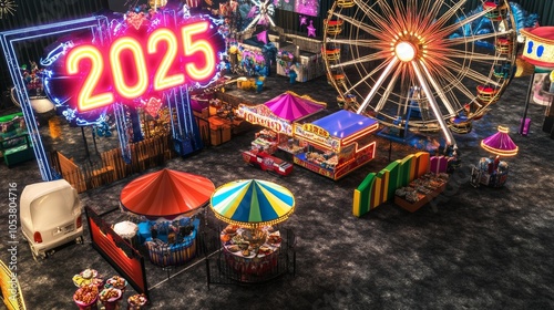 A carnival with a neon sign that says 2025