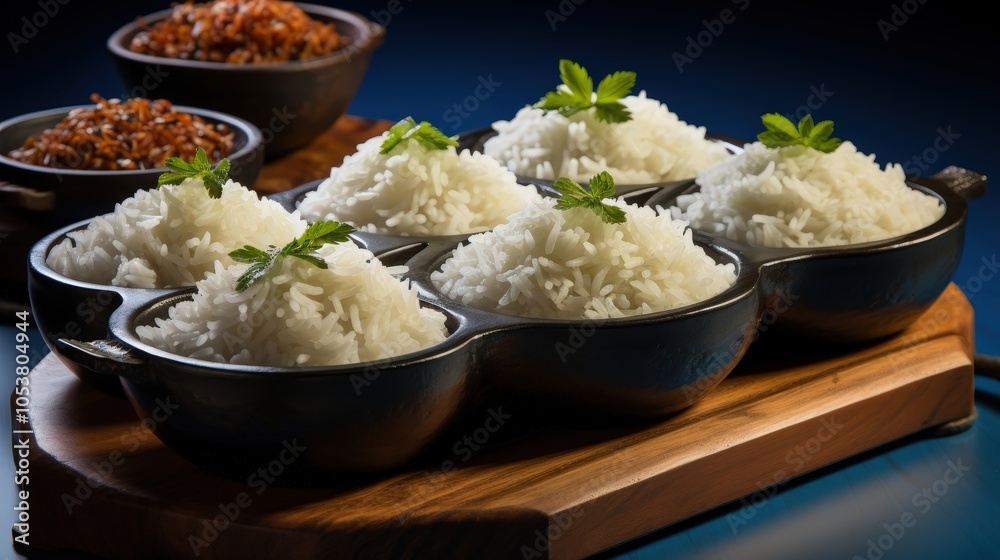 Aromatic White Rice Served in a Black Cast Iron Dish with Greenery Garnish on a Wooden Cutting Board Aromatic White Rice Served in a Black Cast Iron Dish with Greenery Garnish on a Wooden Cutting Board