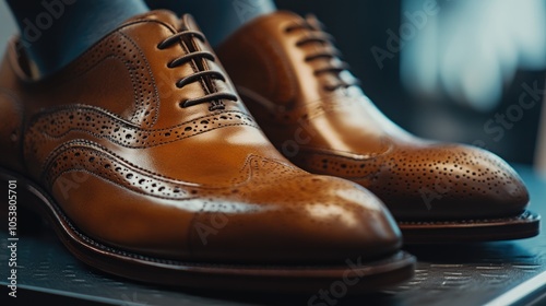 Close up of a luxury shoe polishing service featuring a wooden texture showcasing elegant fashion design elements photo