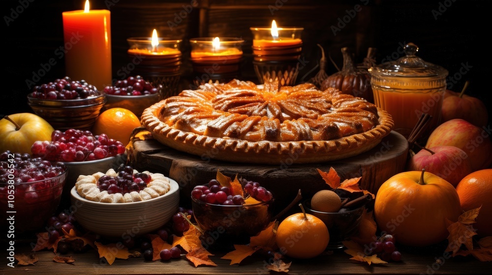 Fototapeta premium A rustic table setting featuring a homemade apple pie surrounded by fall fruit, cranberries, and flickering candles, creating a warm and inviting ambiance for a festive gathering.