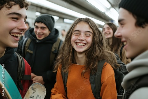 A vibrant group of teenagers socializing at a busy subway station, depicting the lively spirit and youthful connection, with a backdrop of city life in transition. photo