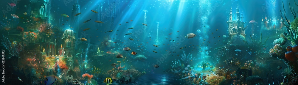 Obraz premium A bustling underwater city at the edge of a volcanic thermal vent
