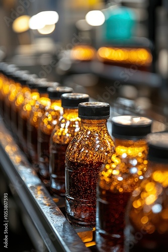 Wallpaper Mural Close-up of Brown Glass Bottles on a Conveyor Belt in a Factory Torontodigital.ca