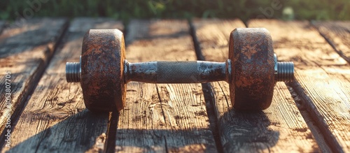 Exercise Weights Dumbbell On A Wooden Deck