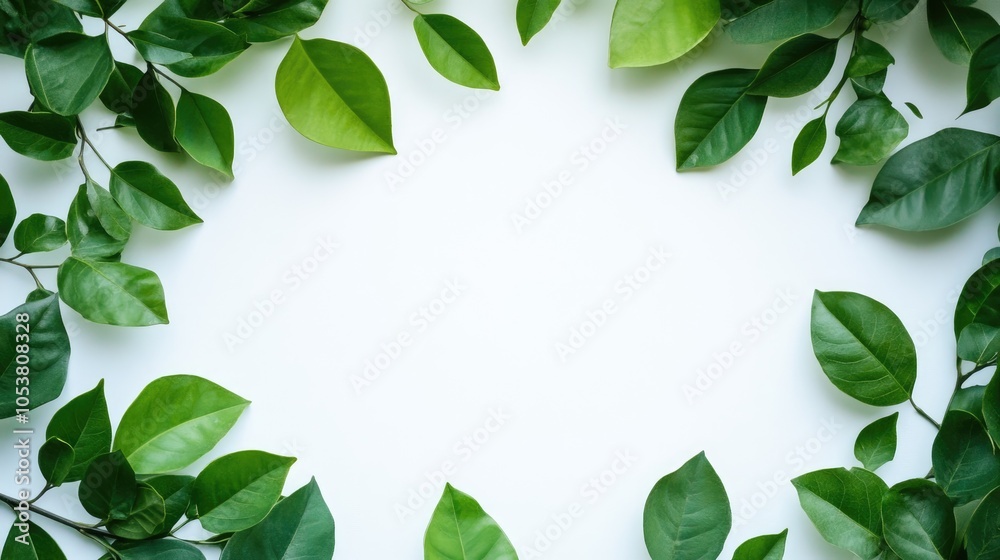 Green leaves forming a frame against a white backdrop