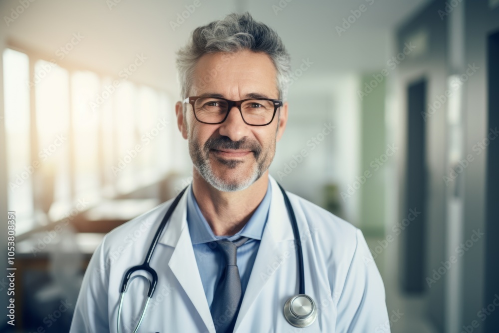 Smiling portrait of a middle aged Caucasian male doctor in hospital Smiling portrait of a middle aged Caucasian male doctor in hospital
