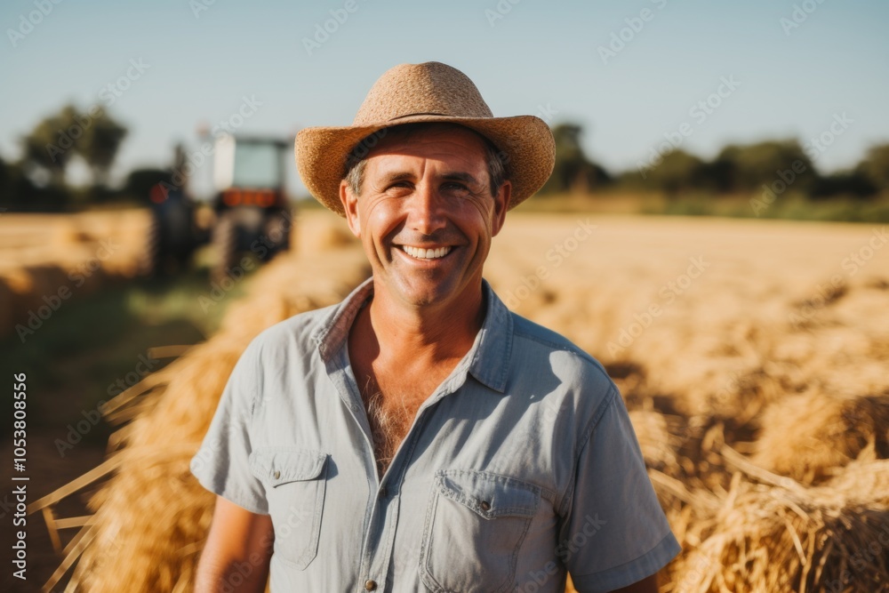 Fototapeta premium Smiling portrait of a middle aged Caucasian male farmer on field