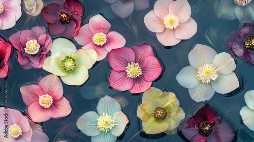 Wallpaper Mural Winter blooms A variety of Hellebore flowers in different colors floating on water seen from above These winter flowering plants feature soft pink hues Torontodigital.ca