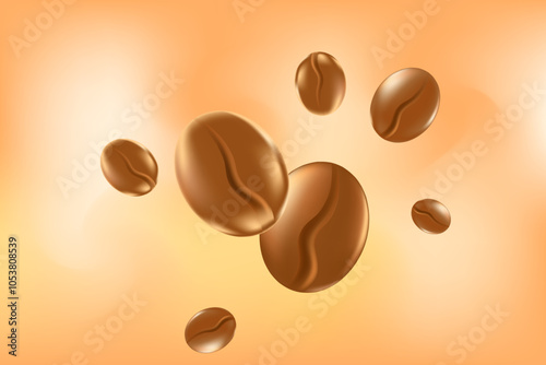 Cute 3D coffee beans with glowing texture. Beige, light brown watercolor background with flowing motion of coffee beans. Elegant coffee illustration for cafe presentation, coffee shop poster