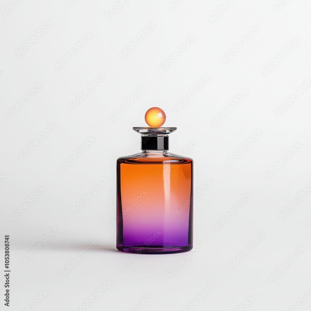 Stylish glass bottle with gradient orange and purple, white isolate background. Stylish glass bottle with gradient orange and purple, white isolate background.