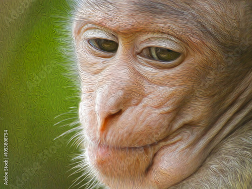 Photo of chimpanzee monkey portrait muzzle close-up with emphasis on pensive eyes looking down with oil paint effect. Green background. Wild animals. photo